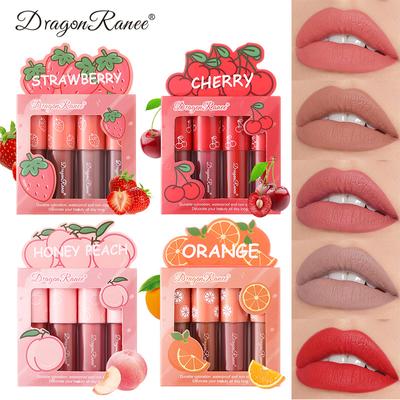 Velvet Matte Mist Lip Glaze Set Non-fading Non-stick Cup Fruit Makeup Lip Gloss 4-pack Mini Travel Set