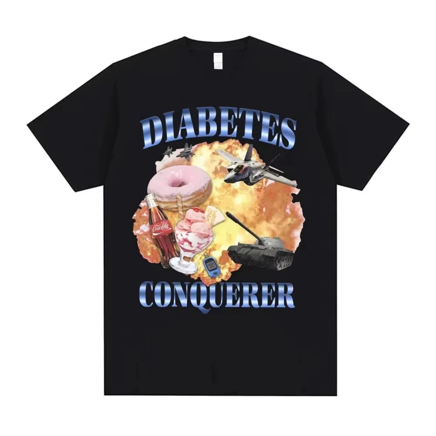 

Funny Meme DIABETES CONQUERER Graphic Print T-shirt Men Women Crewneck Cotton Harajuku Streetwear Oversized Tops Summer New Tees S чёрный
