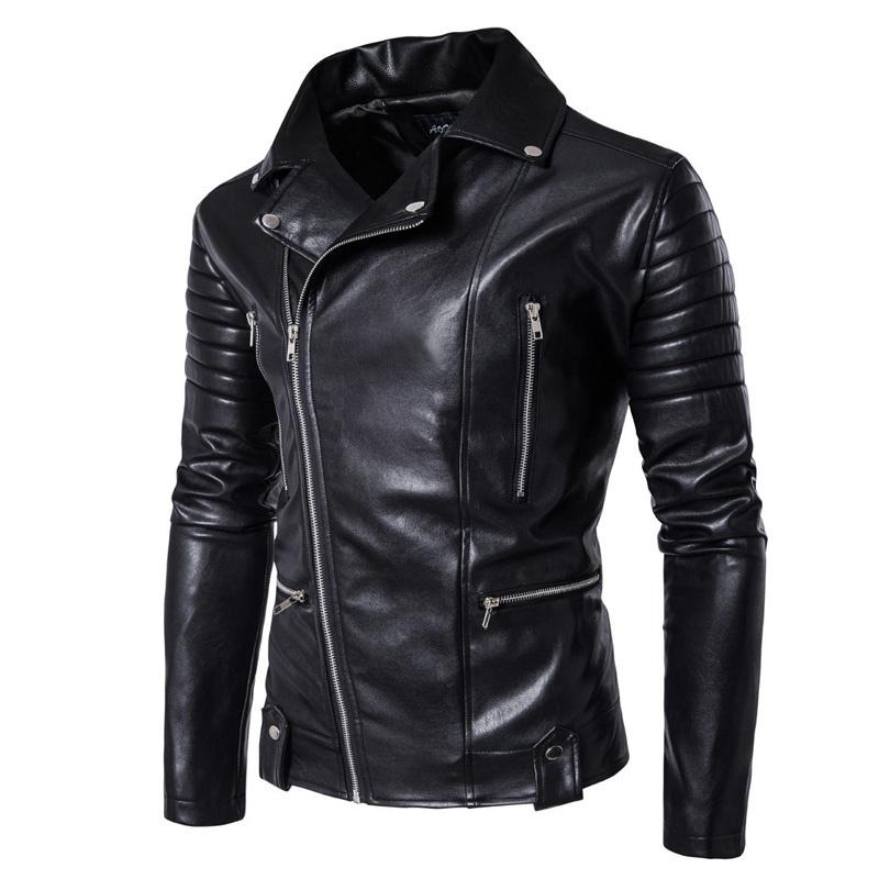 Men's Motorcycle Leather Jacket Lapel Lage Size Personality Oblique Zipper Jacket