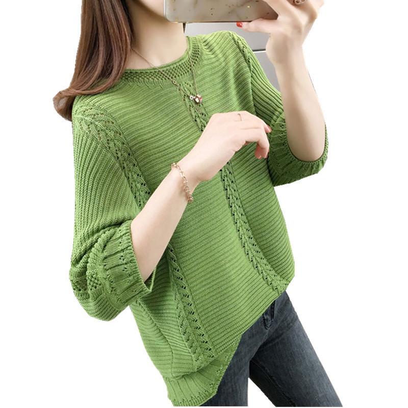 Summer Simple Hollow Knitted Sweater Women's Pullover Loose Temperament Elegant Seven-quarter Sleeve Crew Neck Top Women