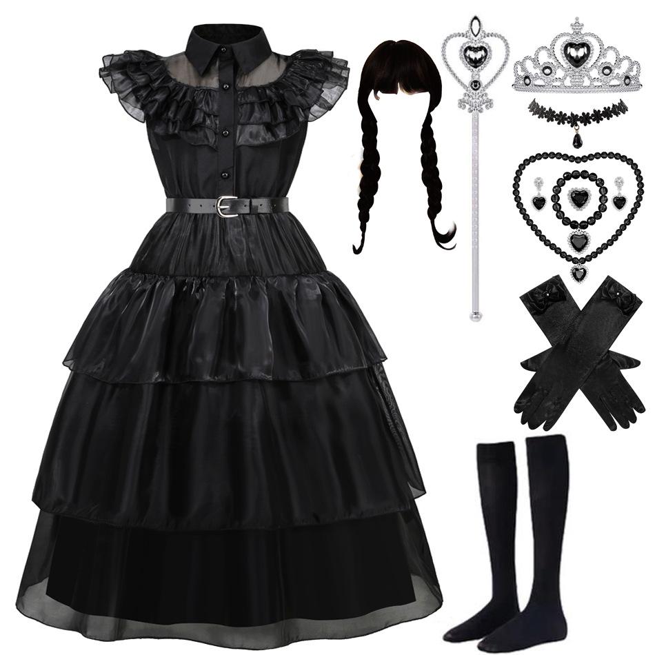 Abito da sera in rete da ragazza per cosplay della Famiglia Addams di Mercoledì con accessori (Taglia unica)