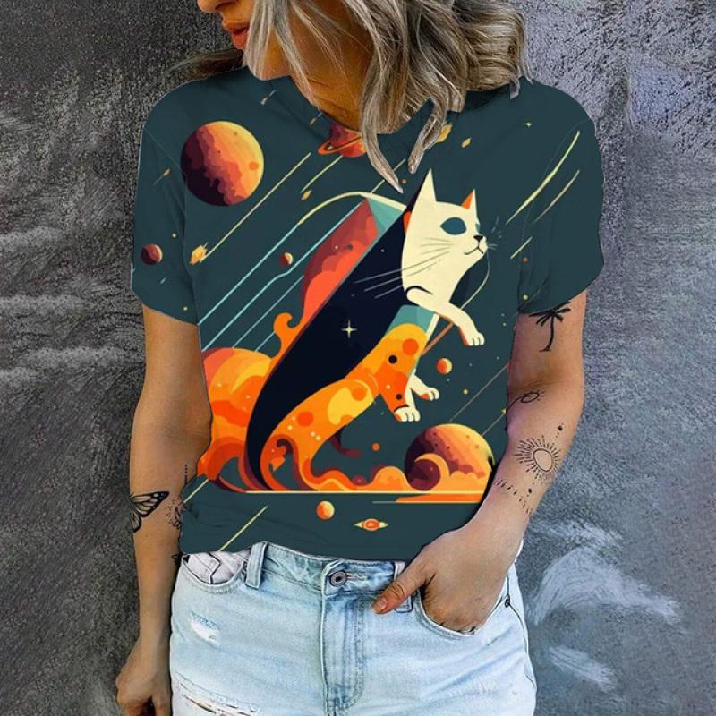 

Популярная футболка 2024 года, женская футболка с круглым вырезом, модная женская элегантная футболка с коротким рукавом и рисунком кота с рисунком кота 8XL