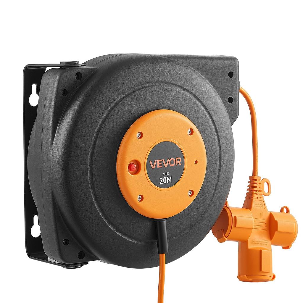 Retractable Extension Cord Reel 20 M Heavy Duty 16AWG / 3C Orange, for Ceiling/Wall Mount, Overheat Protection, Automatic Retractable Power Cord,