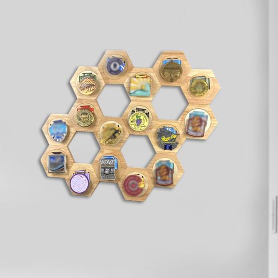 Medal Holder Display Rack with Hexagonal Design Hand-Polished Corners Wall Shelf for Sports Taekwondo Medals