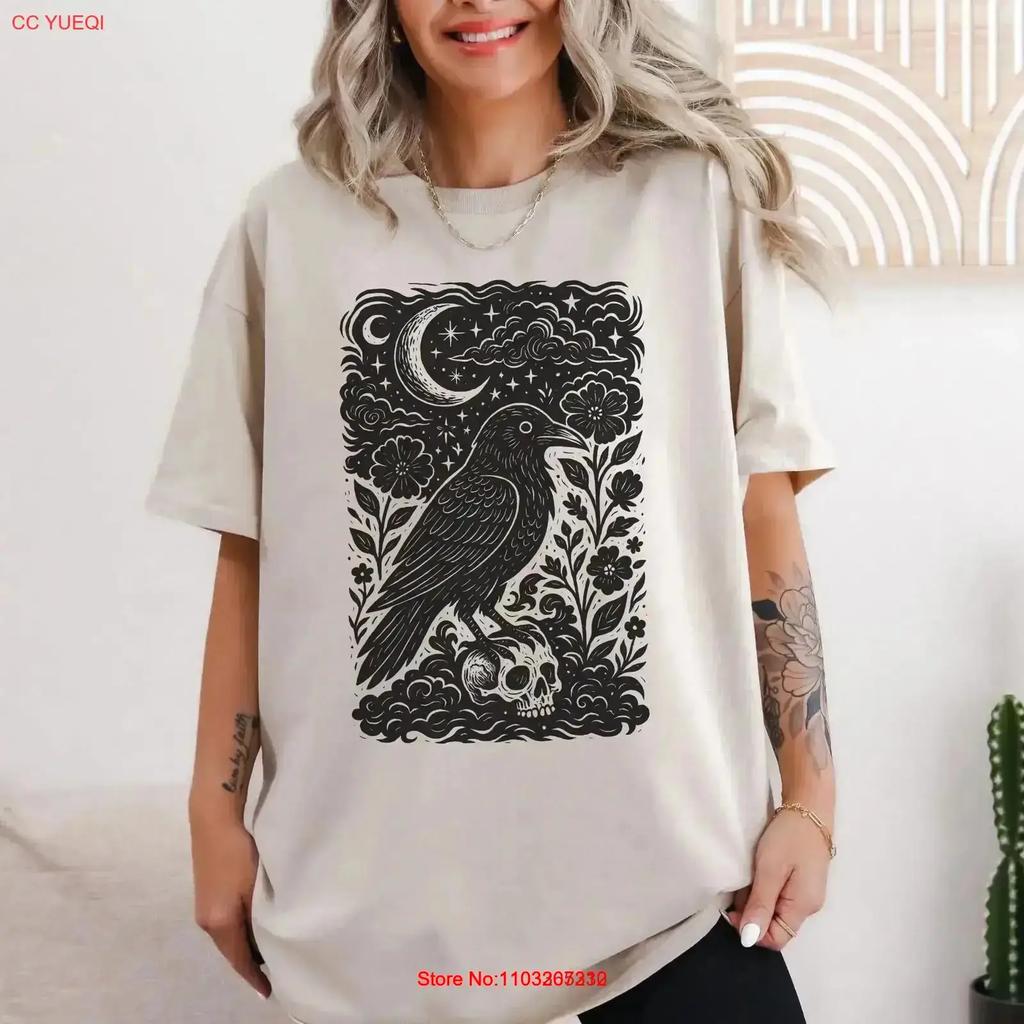 Lino Cut Style Raven T Shirt Whimsigoth Crow Goblincore Floral Gothic Witchy Dark Academia Skull Vintage Streetwear