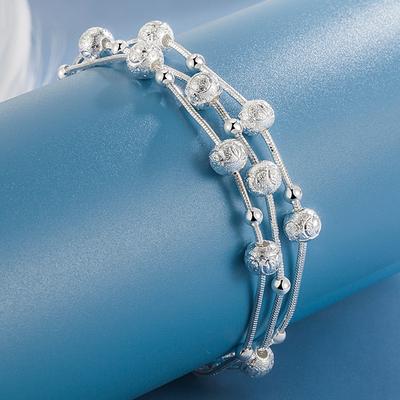 925 Sterling Silver Three Snake Chain Round Bead Bracelet Fashion Jewelry