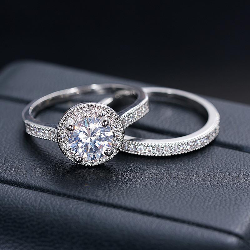 

925 Sterling Silver 2 Pcs Shiny Round Ring Set Inlaid Round Sparkly Zirconia Coupon Rings for Women Party Wedding Jewelry 9