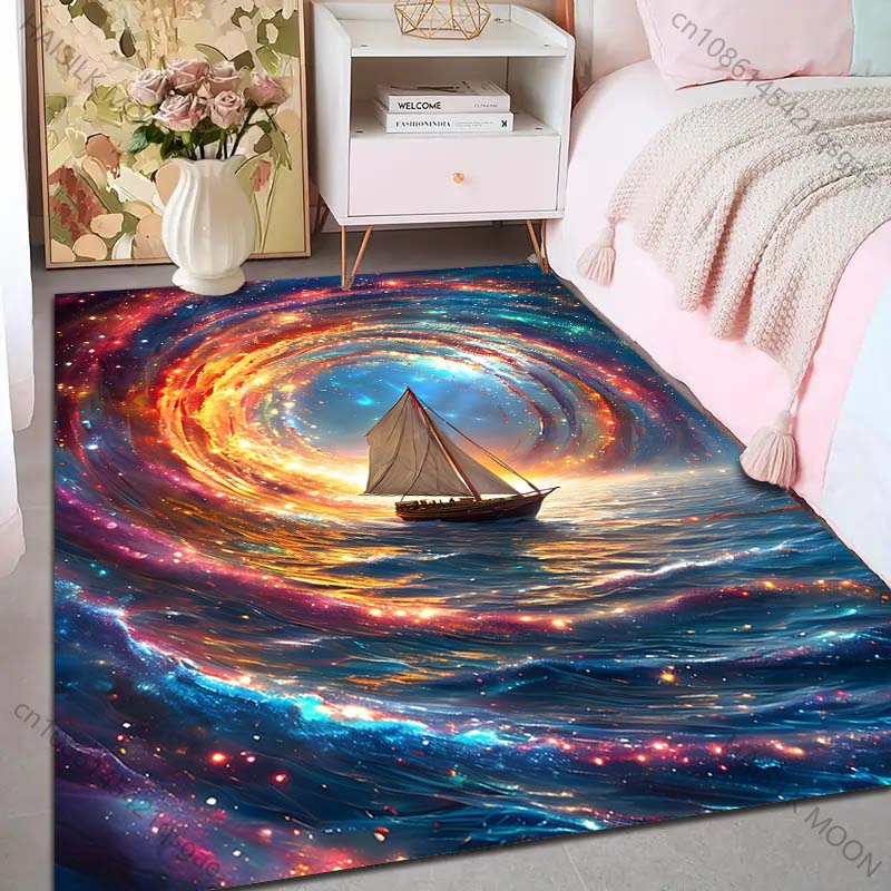 1PC Mystical Starry Vortex and Sailboat Print Carpet Rug for Living Room Bedroom Sofa Doormat Home Decor Non-slip Floor Mat