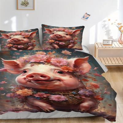 3-teiliges florales Schweinchen-Bettwäsche-Set - 1 Bettbezug + 2 Kissenbezüge(Kern nicht enthalten), Maschinenwaschbares Polyester, Ganzjahreskomfort, Schlafzimmer-Deko