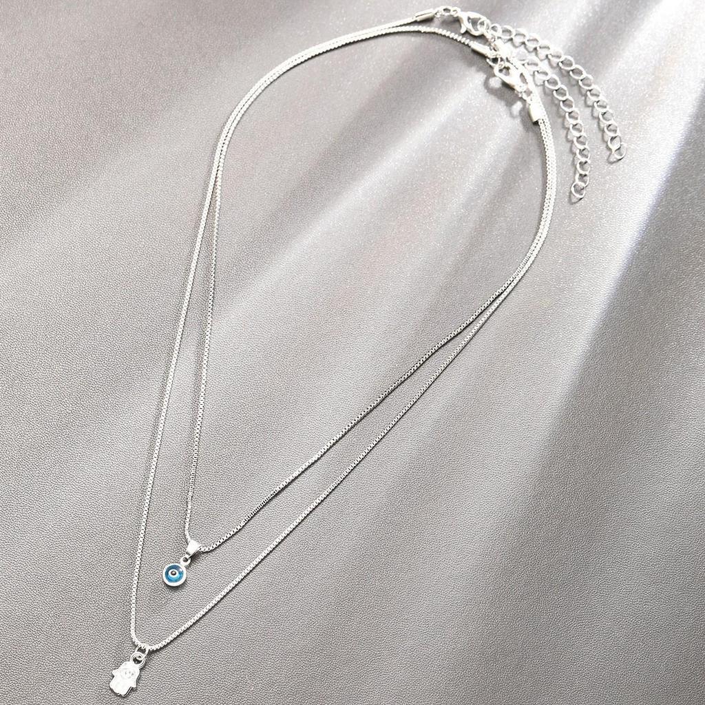 Collana Pendente Mano Occhio Turco Retrò - Doppio Strato, Versatile, Stile Europeo & Americano di Alta Gamma.