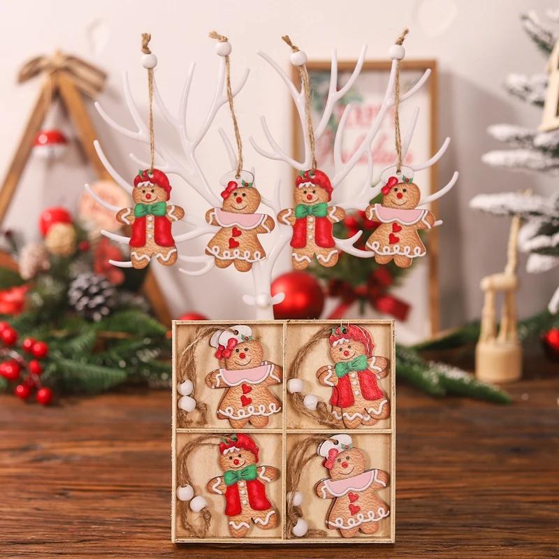 12Pcs Gingerbread Man Wooden Ornaments Xmas Tree Hanging Pendant Merry Christmas Decor for Home Party Navidad Gift New Year 2025