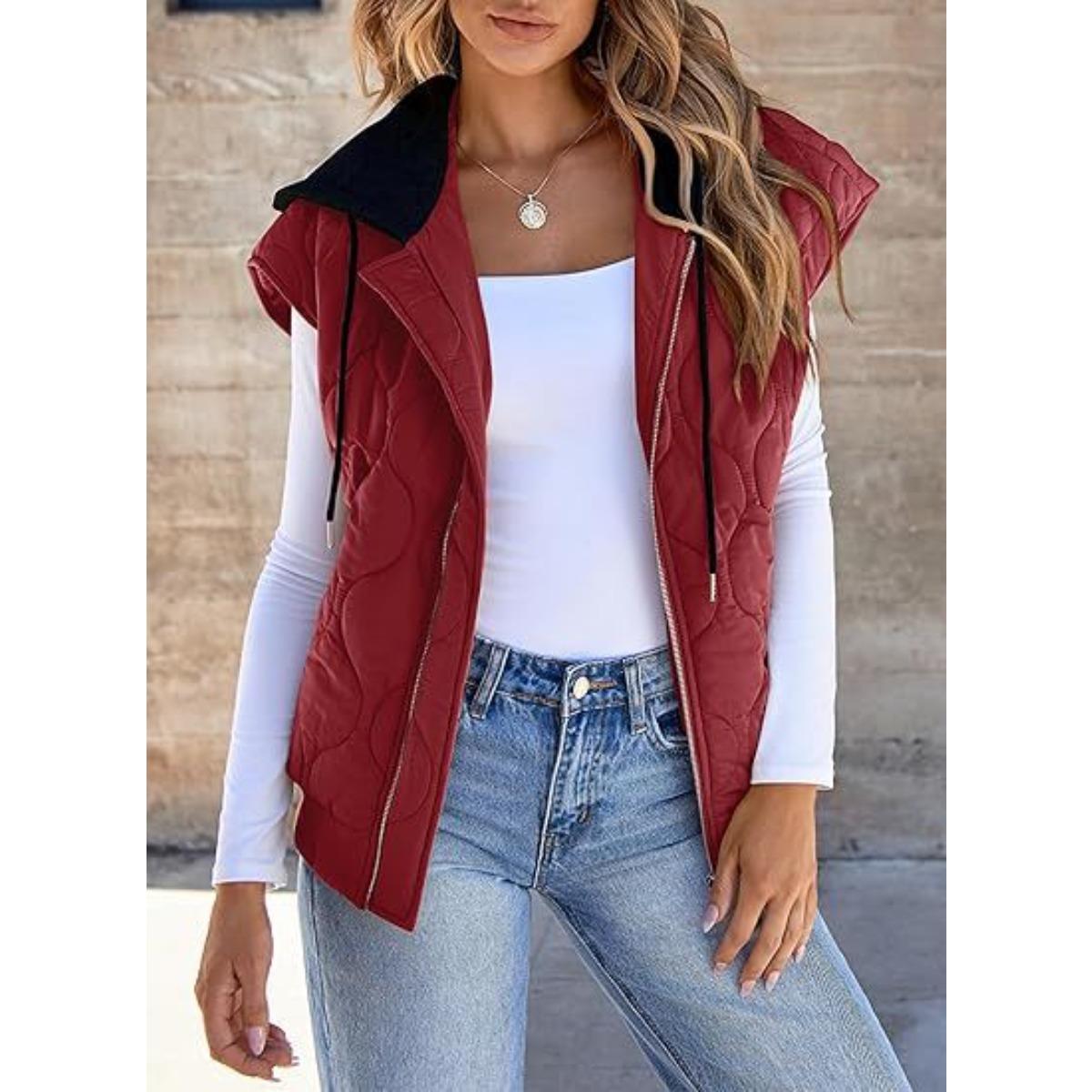 

2025 New Arrival Women s Color Block Sleeveless Jacket Autumn Casual Drawstring Hooded Vest Ladies Fashion Outerwear M бордовий