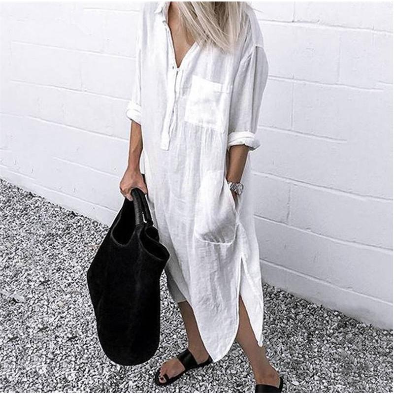 

Summer and Autumn Elegant Solid Color Cotton and Linen Slit Dress Simple Nail Buckle Long Shirt Skirt Women 5XL білий
