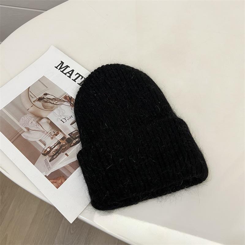 Angora Rabbit Hair Curled Brimless Wool Hat Women Autumn and Winter Warm Striped Fashion Knitted Pullover Cold Hat