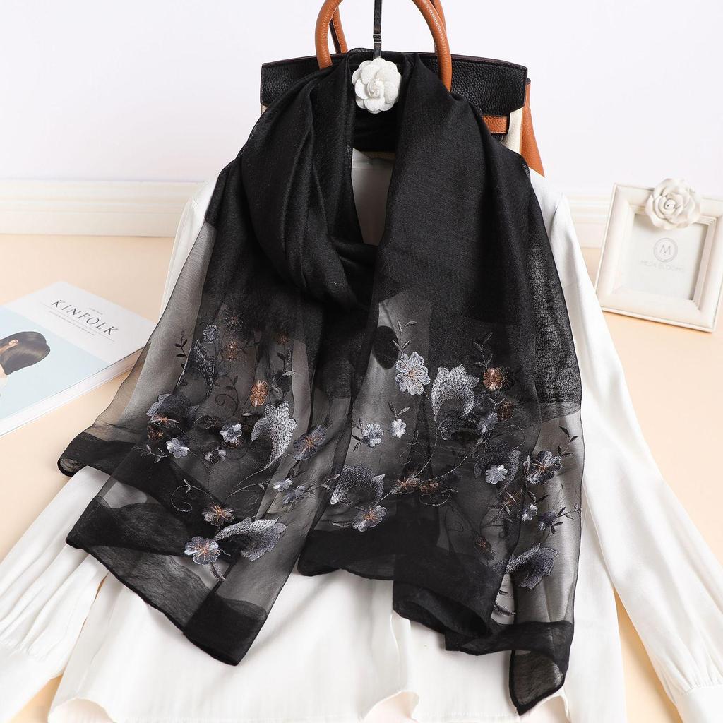 Silk Women Scarf Warm Wool Shawls Lady Wraps Floral Pashmina Embroidery Scarves Foulard Hijab  Long Female Hair Bandana