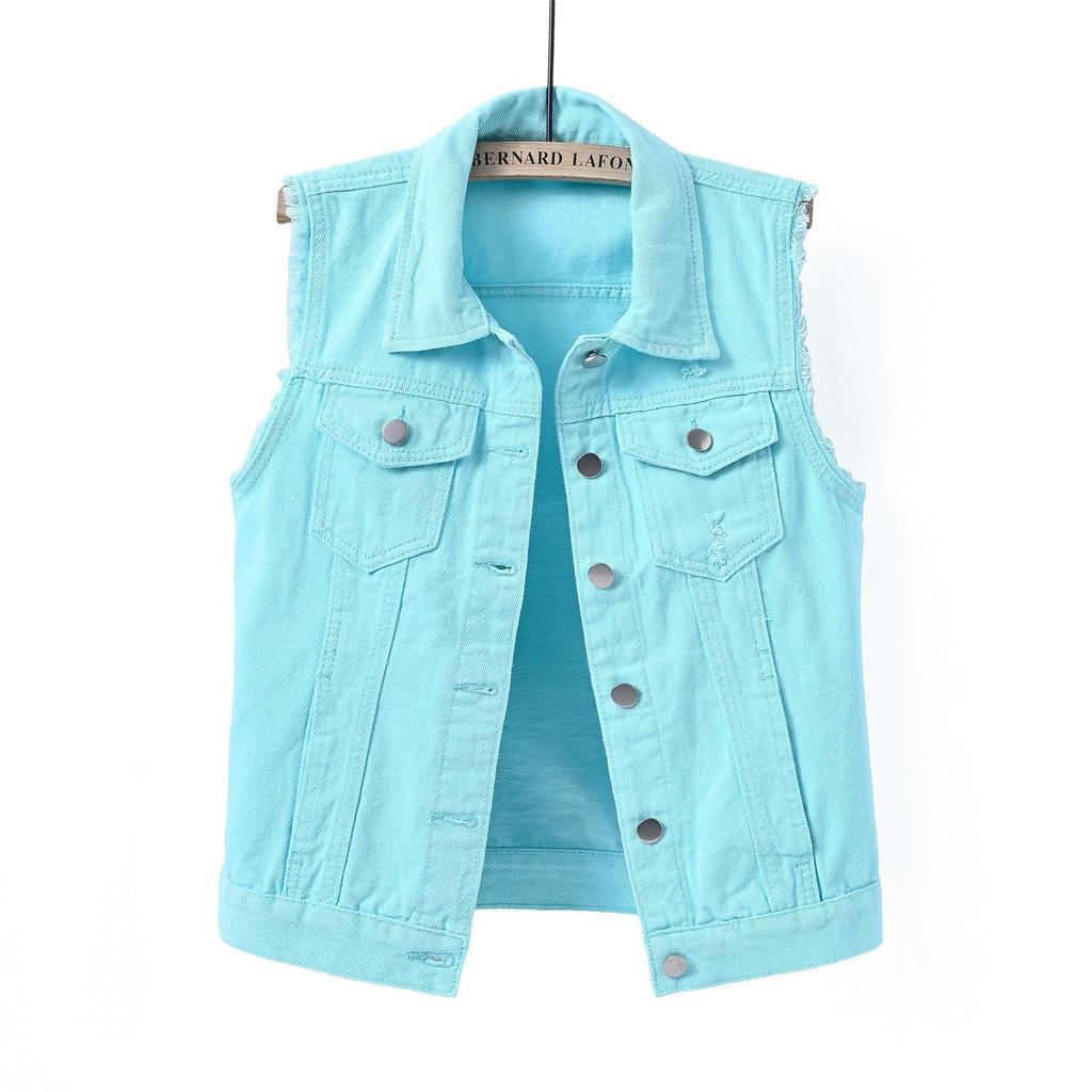 Women's Pink Frayed Denim Vest - Multicolor, Slim Fit, Sleeveless, Ripped Design for Spring/Summer