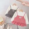 Girls Spring Autumn Fake Two Piece Plaid Dress Cute Kitten Print Baby Fashionable Long Sleeve Dress For Kids