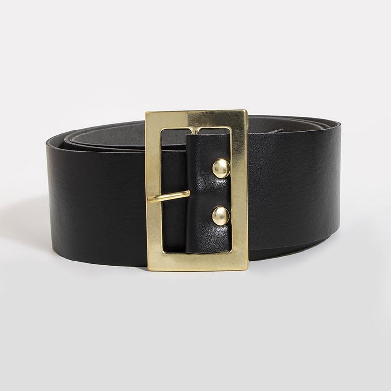Black Faux Leather Belt With Geometric Square Buckle For Winter Festive Attire
