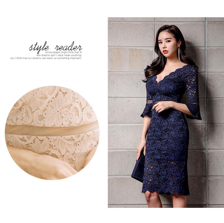 Korean Style Women's V-Neck Lace Slim Fit Pencil Dress