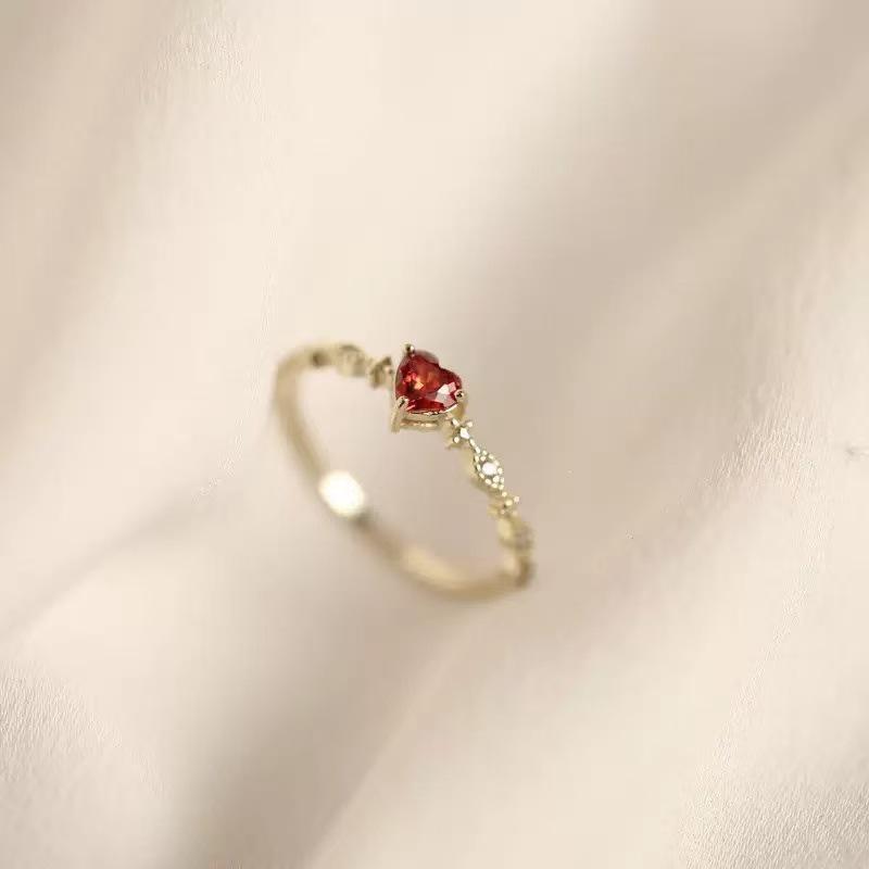 Elegant Japanese Style Heart Ring - 925 Sterling Silver with Red Stone, Open Design for Girls, Simple and Fresh.
