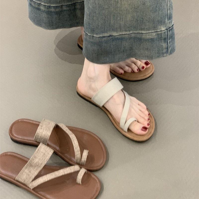 Set Zehenrömersandalen 2025 Sommer Koreanische Version Ins-Stil Leinenzehen Urlaub Strand flache coole Hausschuhe Damen