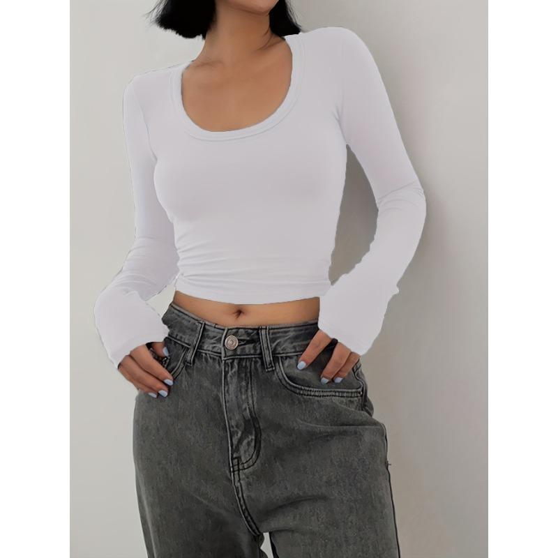 Spring and Autumn Women's Blouse Short Round Neck Fashionable Versatile Casual Long-sleeved Tops