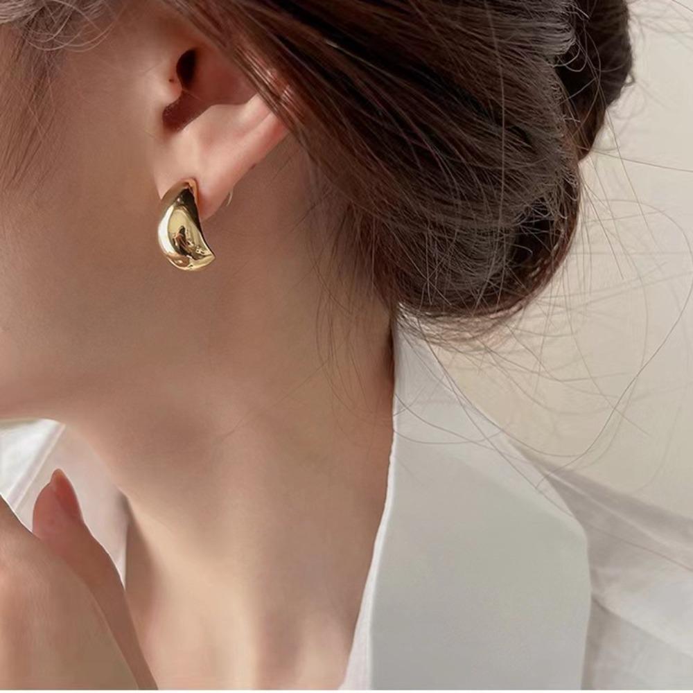 Water Droplet Glossy Teardrop Earrings Retro Half-round Stud Earrings Metal Drop Earrings  Women