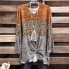 Women's V-neck Leopard Print Contrast Stitching Long-sleeved T-shirt Top