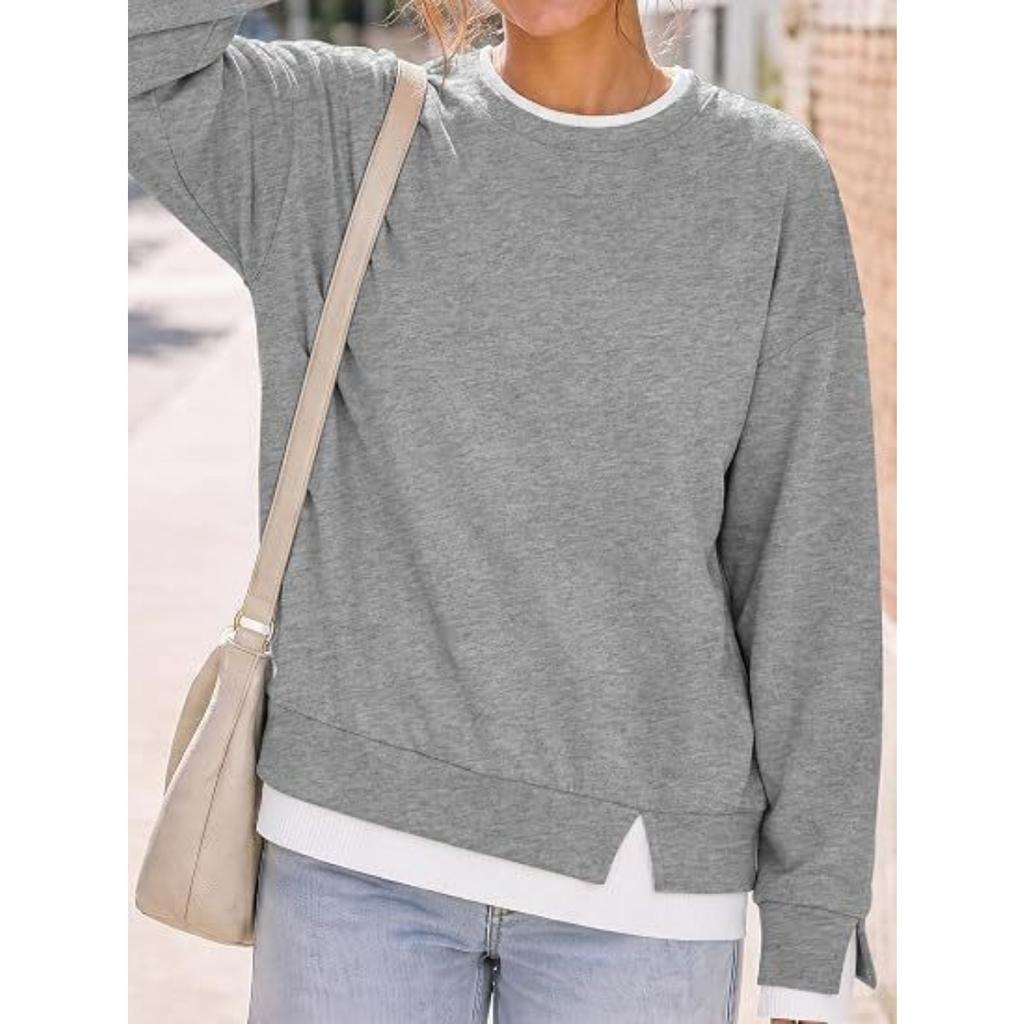 New Women's Loose Crew Neck Fake Two-piece Hoodie, Casual Long Sleeve Patchwork Cuff Pullover Top for Europe America Crossborder