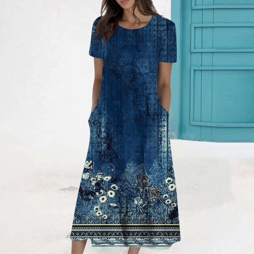 Women's Summer Casual Fashion Printed Short Sleeve Round Neck Pocket Dress