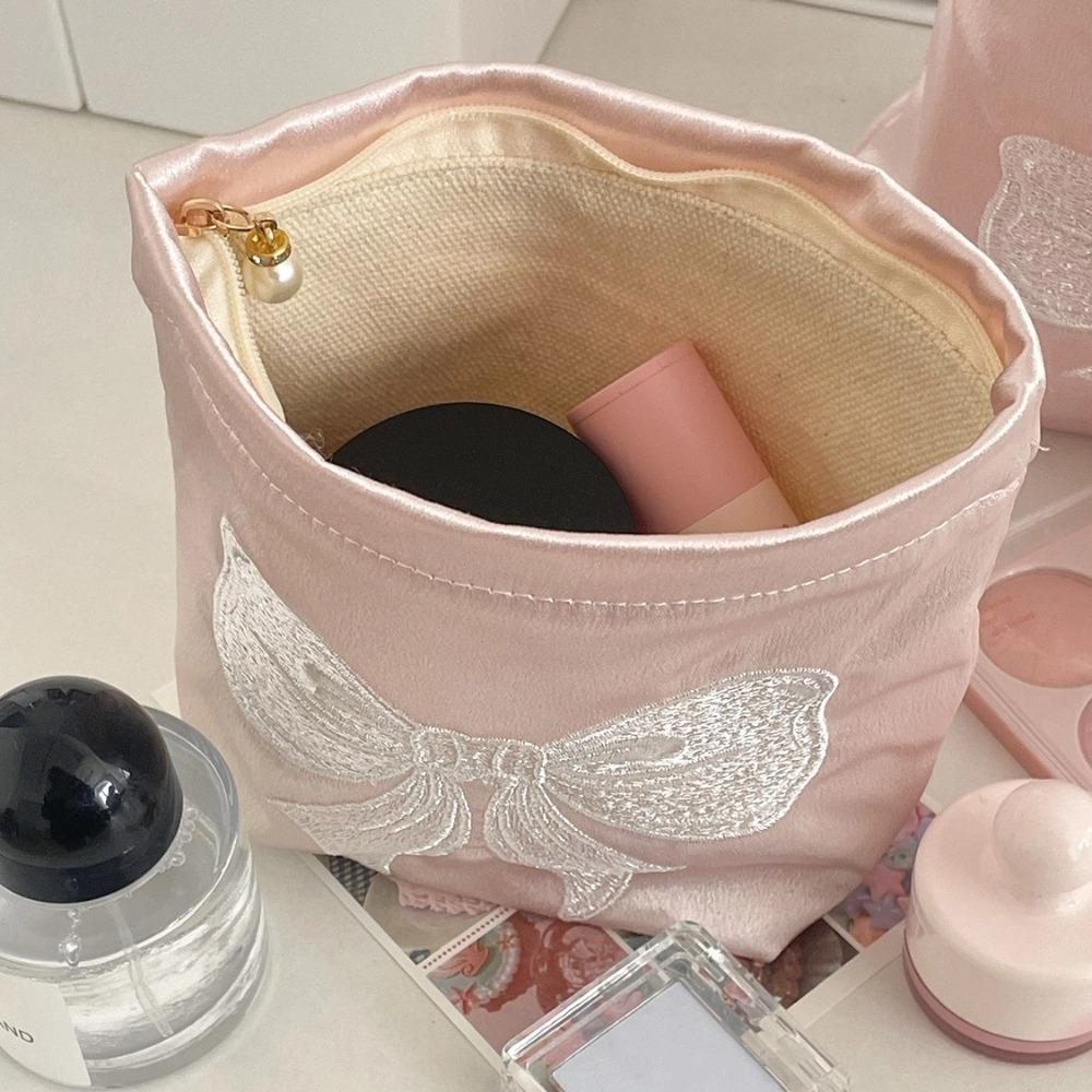 Luxury Pink Bow Makeup Bag Handbag Bow Embroidery Toiletry Storage Pouch Pearl Zipper Make Up Organizer Bag Ladies
