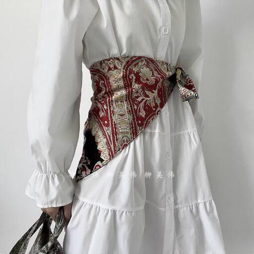 

Bohemia Style Fashion Embroidery Corset Wide Belt Women Casual Decorative Cummerbund Lace-up Triangular Scarf One Size