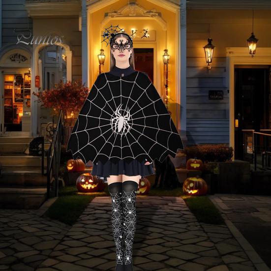 Spinnennetz-Motto Partyzubehör Halloween-Kostüm für Damen Schwarzes Spitzen-Stirnband Choker Handschuhe Feiertagsdekorationen Umhang Maske Oberschenkelhohe Lange