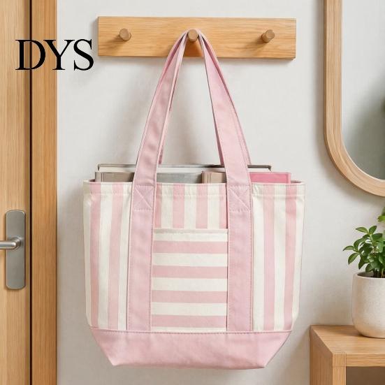 Reinforced Shoulder Strap Bag Striped Canvas Tote Bag, Stylish Reusable Grocery with Lightweight Front Pocket, for Shopping Picnic Commuting