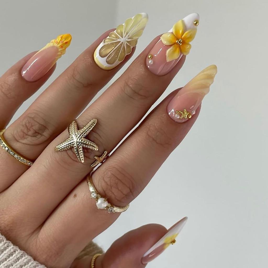 Yellow Press On Nails, Beach Nails with 3D Floral Designs, Summer and Tropical Press On Nails Almond Shape, 24Pcs Fake Nails Set with Jelly Glue