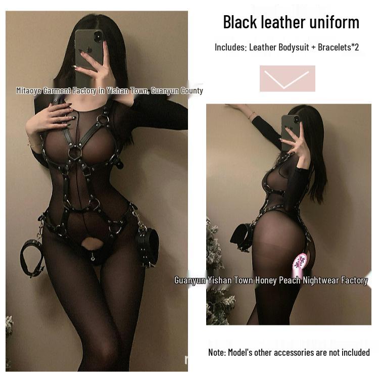 Adult Patent Leather Bodysuit with Handcuffs - Dark Night Role-Play Set