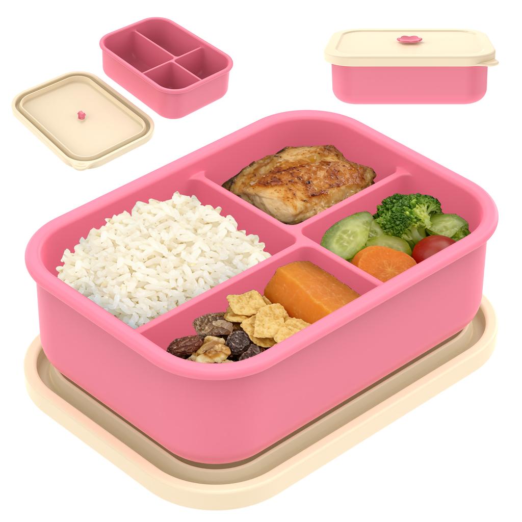 4 Compartment Lunch Box Leak Proof Silicone Meal Boxes with Lids Snack Container Microwave Oven Bento Box for Adult and Students