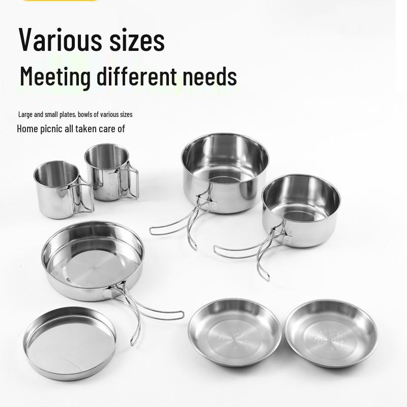 8-Piece Portable Stainless Steel Camping Tableware Set: Foldable Cups, Bowls, and Plates for Outdoor Picnic and BBQ Adventures