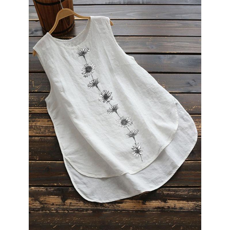 Summer Daisy Print Top Sleeveless Round Neck Casual Vest for Women's Cotton and Linen Blouses & Shirts