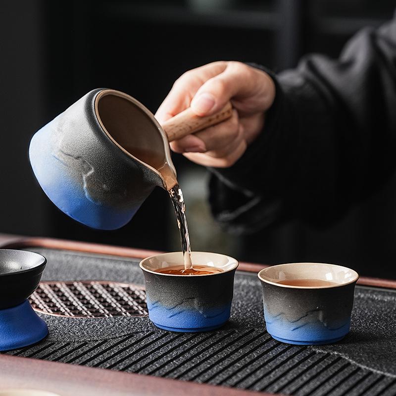 Light luxury high-end full set of ceramic coarse pottery gradual change kung fu tea set side handle pot set home office gift set