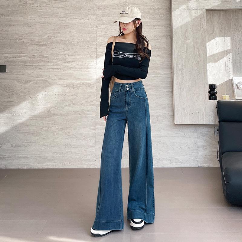 Korean Style Elastic Wide Leg Palazzo Jeans for Women - Spring/Autumn Slimming Cropped Fit