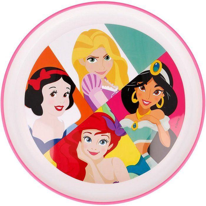 Tataway Assiette à dîner en plastique blanche et rose Disney Princesses Blanche-Neige Ariel Jasmin Raiponce avec base antidérapante