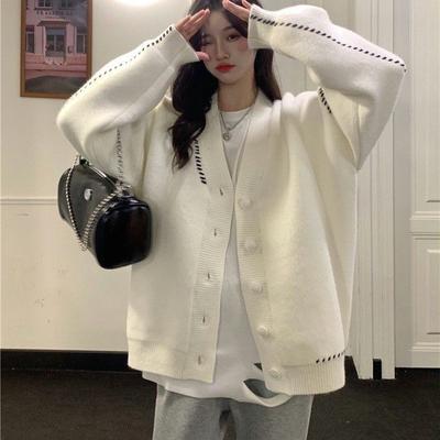 Japan and South Korea Foreign Trade Rope Versatile Knitted Cardigan Women's Autumn and Winter New Fashion Loose Casual Sweater Jacket Women