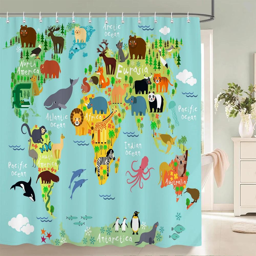 Cartoon Shower Curtain Animal Map Shower Curtains Baby Waterproof Polyester Fabric for Bathtub Bath Room Decor with Hooks