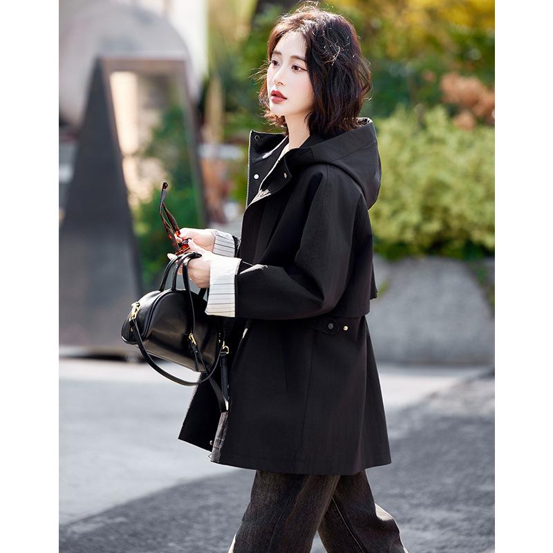 Spring new medium and long trench coat women's contrasting colors popular small hooded coat