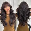 Women’s Natural Black Tea Brown Long Curly Wig with Blunt Bangs Full Wig for Daily Wear