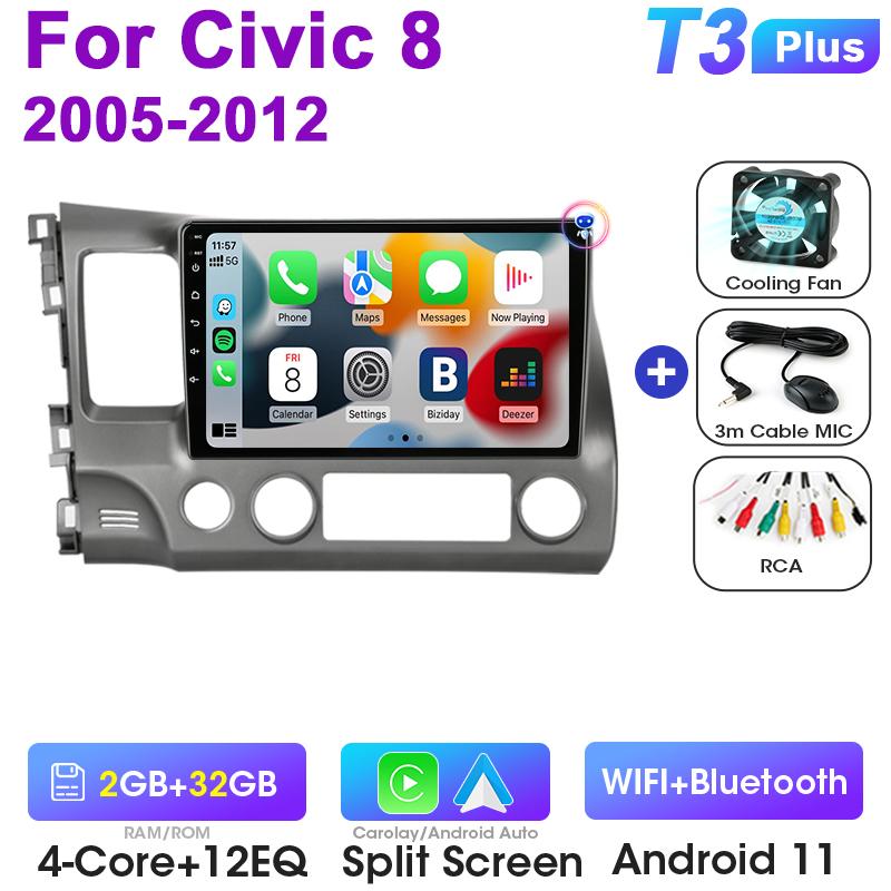 2 Din Android 12 Car Radio For Honda Civic 8 2005 - 2012 Multimedia Video Player GPS Navigation Stereo 4G WIFI Carplay Auto RDS