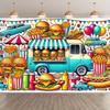 Jeden kus - 8x6 stop živé polyesterové fotografické pozadí pro food truck - s barevnými motivy hamburgerů, DJH
