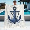 Nautical Anchor Design Flannel Blanket White Wood Texture Navy Blue Rope Marine Style Decor Soft Warm Throw forBedroomLivingRoom