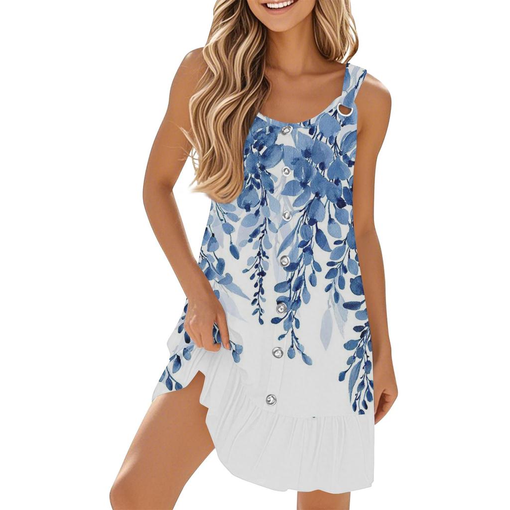 Damen Freizeit Ärmellos Knopfleiste Blumenmuster Kleid mit Saum Saum